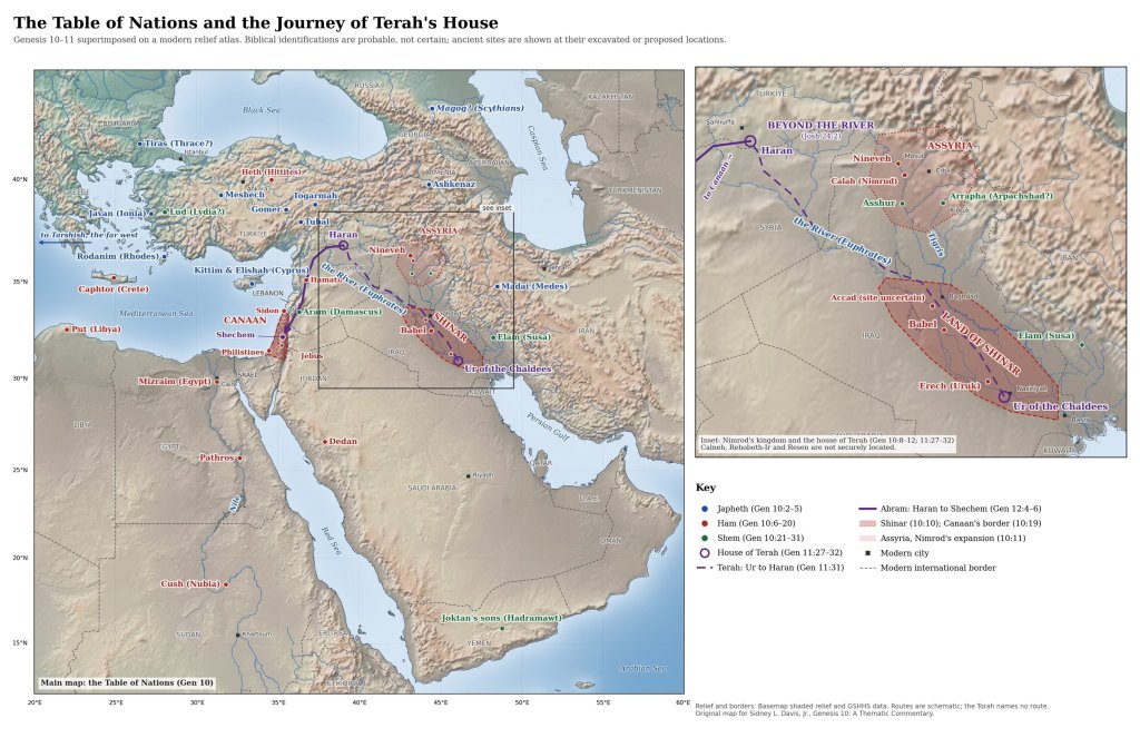 Relief map of the Table of Nations and the journey of Terah's house over present-day borders, with a Mesopotamia inset