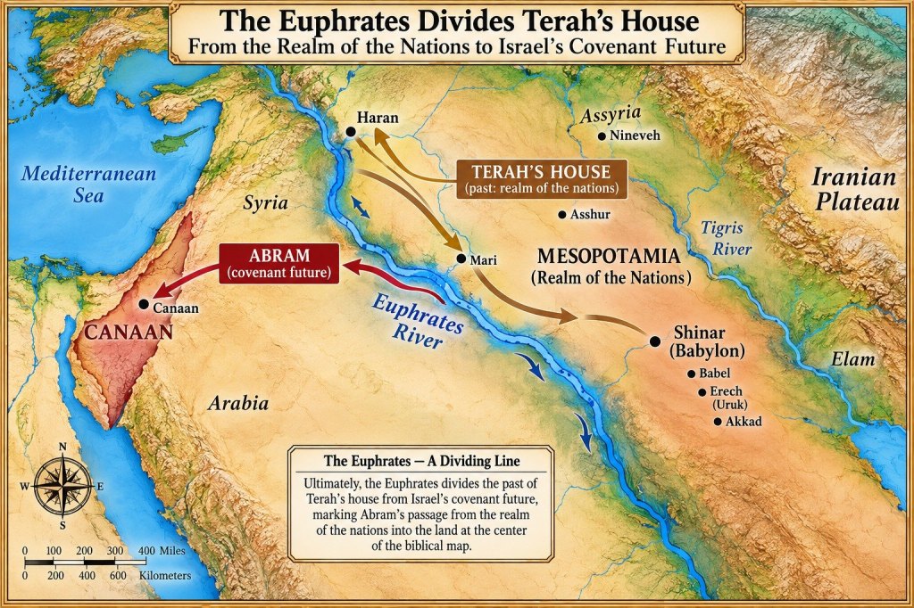 The Euphrates divides Terah's house (Gen 11:31–32; Josh 24:2)